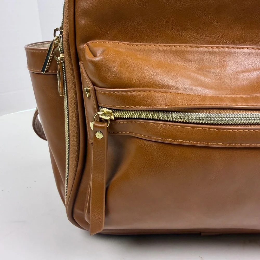 Itzy Ritzy Boss Backpack Diaper Bag Cognac Brown Vegan Leather Gold Hardware